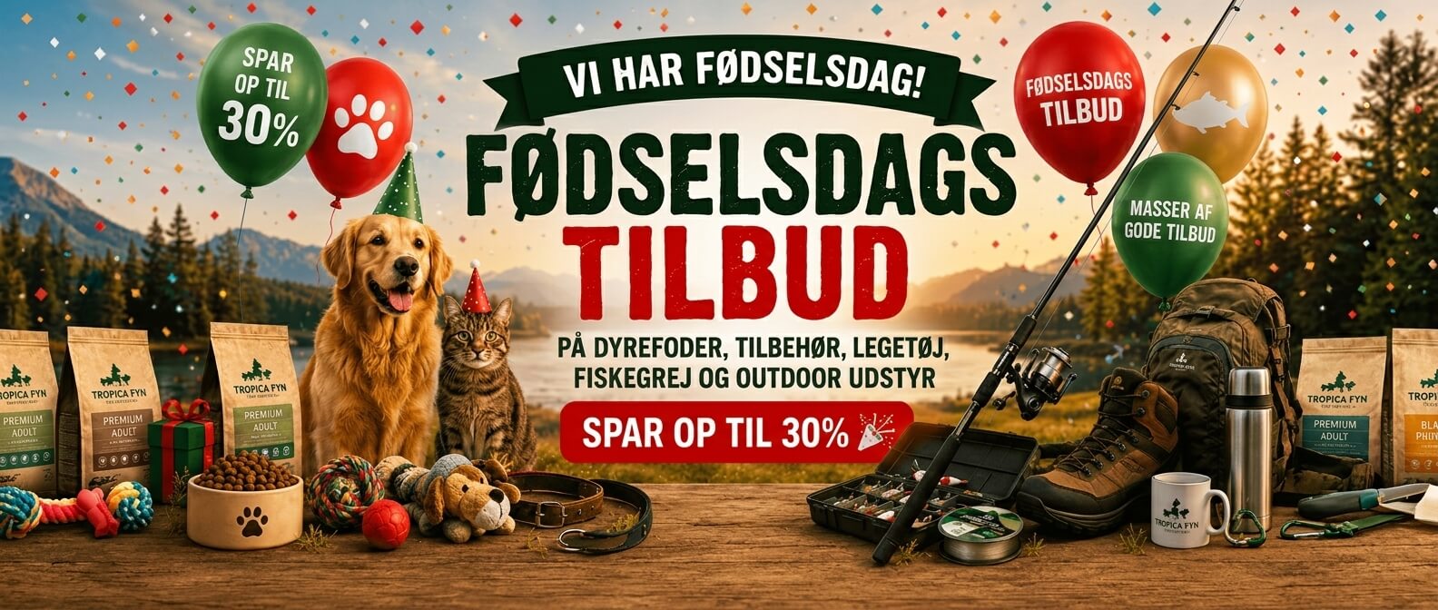 Tropica Fyn 30 års fødselsdag med tilbud på dyrefoder og fiskegrej